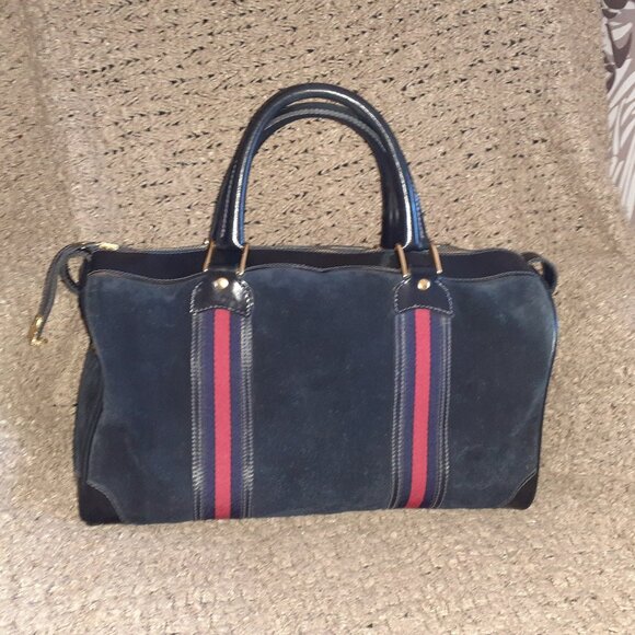 Vintage GUCCI-Boston Bag Shelly Line Black/DK Navy Suede/Leather-Satchel-EX - Picture 1 of 12